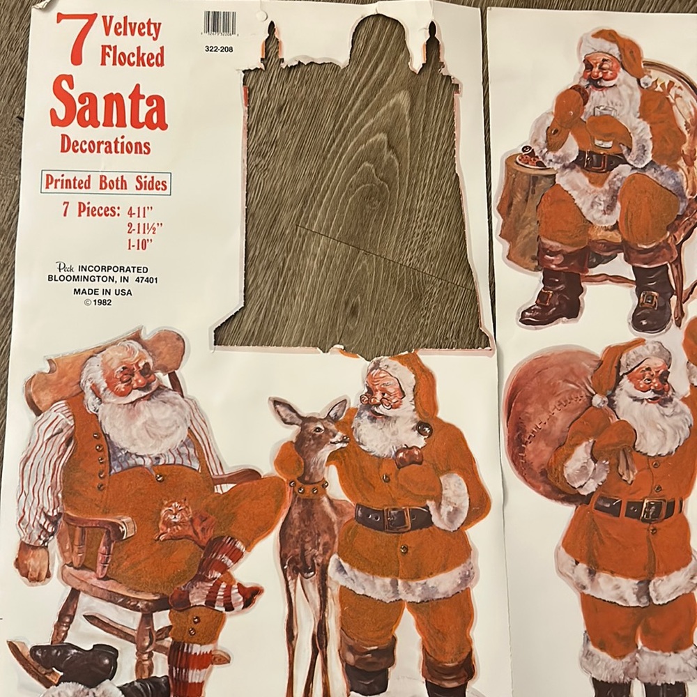 Vintage  1982 Peck Inc 6 Velvety Flocked Double Sided Santa cutout Decorations